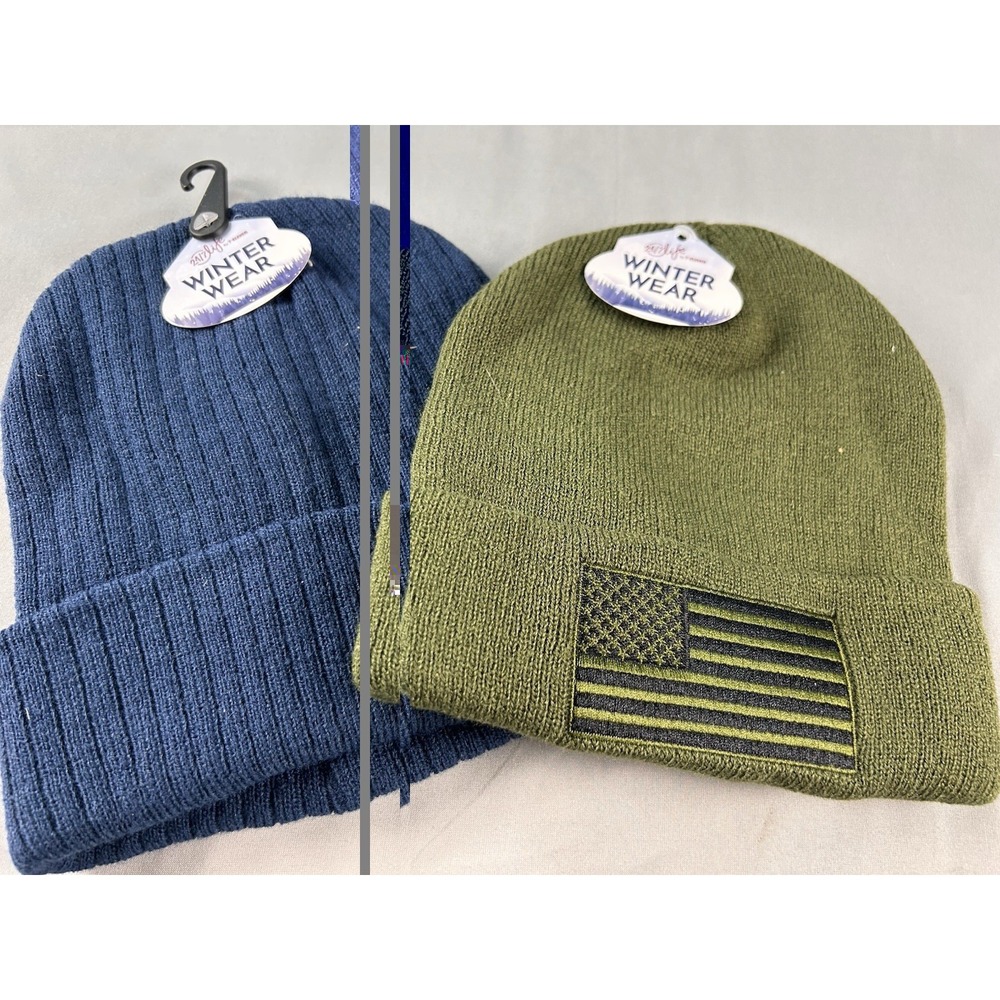 Lot of 2 Winter Wear Knit Beanie Hats Blue Olive Flag One Size New
